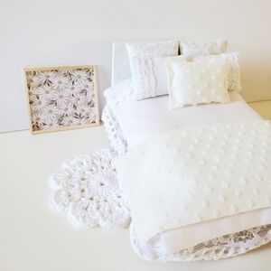 Miniature Dollhouse 1:12 Scale Handmade Bedding Set White French Cottagecore